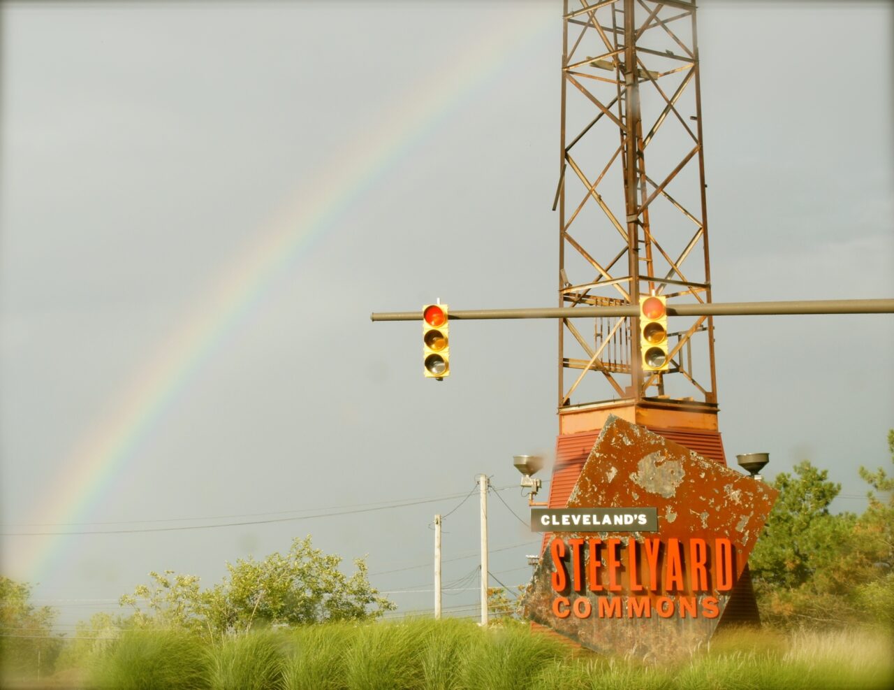 Rainbow above Steelyard Commons Sign